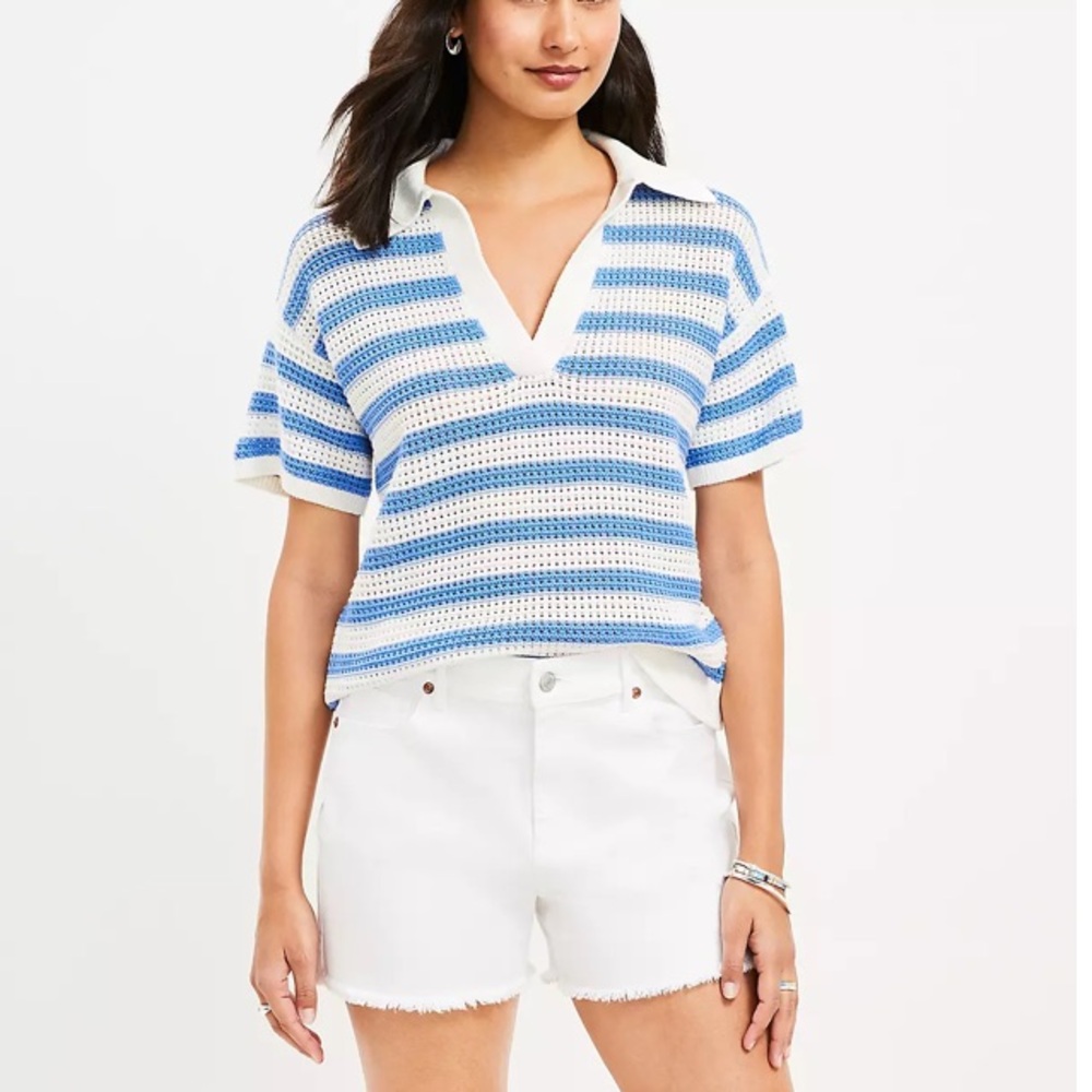 LIKE NEW! LOFT Textured Polo Knit Stripe Tee Sweater Tee Short Sleeve Women’s XS